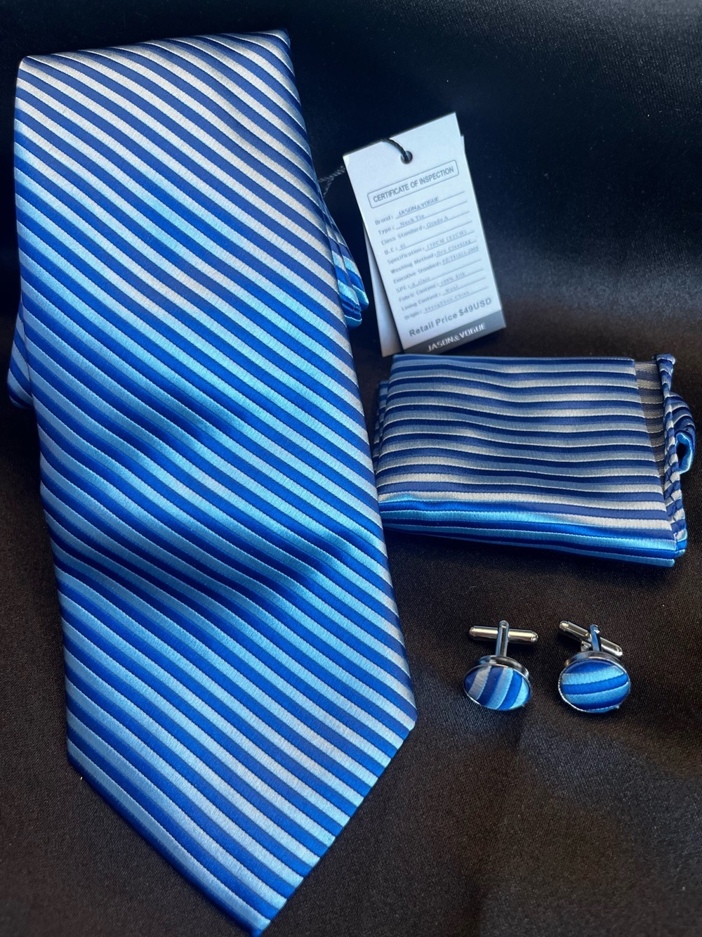 Blue Striped Tie, Pocket Square & Cufflink Set